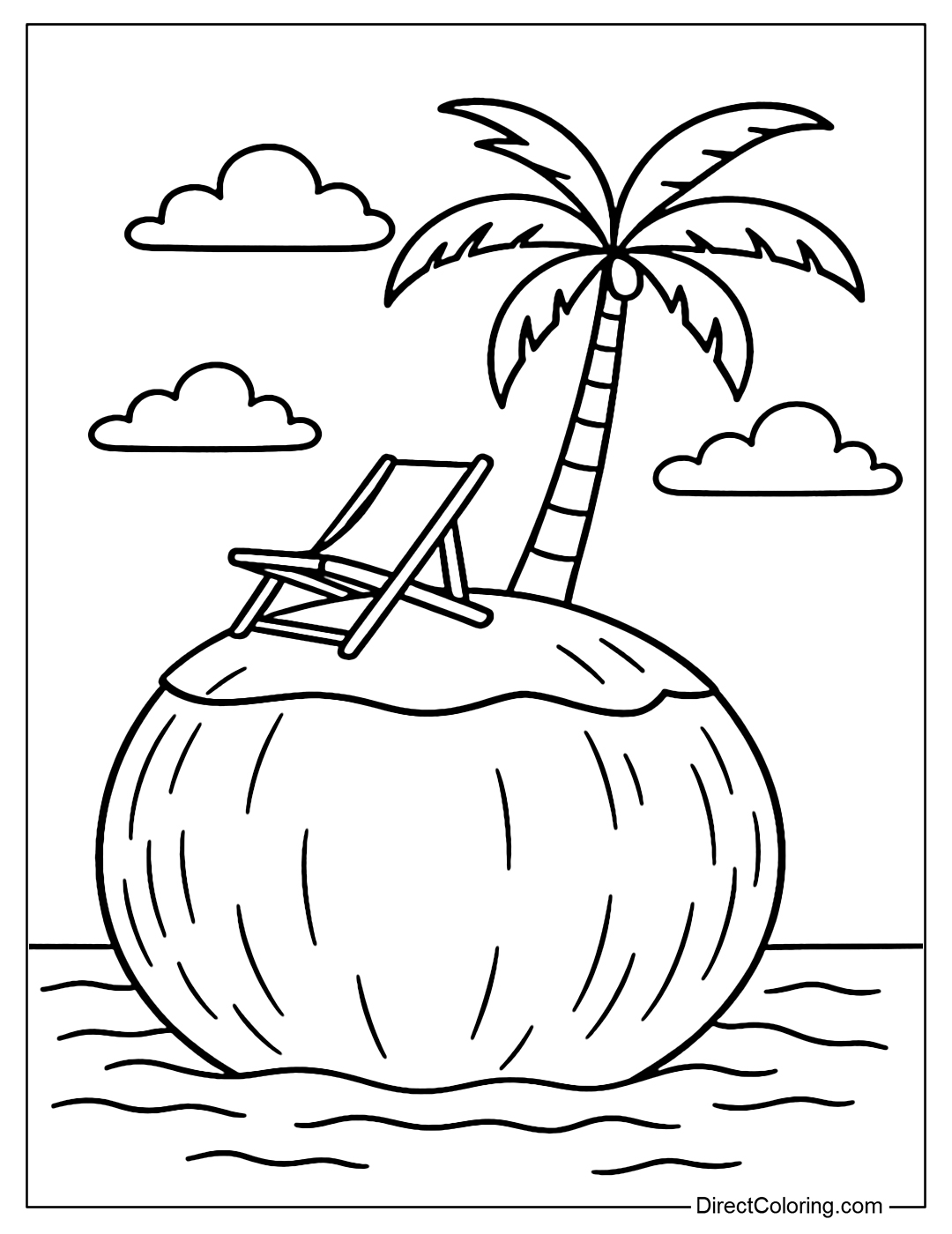 Coloring page of a large coconut rising from the sea like a small island. On the coconut there is a lounge chair and a coconut tree, a few clouds drifting gently behind.